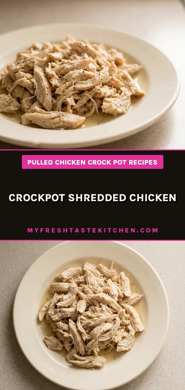 Overhead shot of shredded chicken breast with dark seasoning spots and Italian herb flakes, surrounded by clear broth.