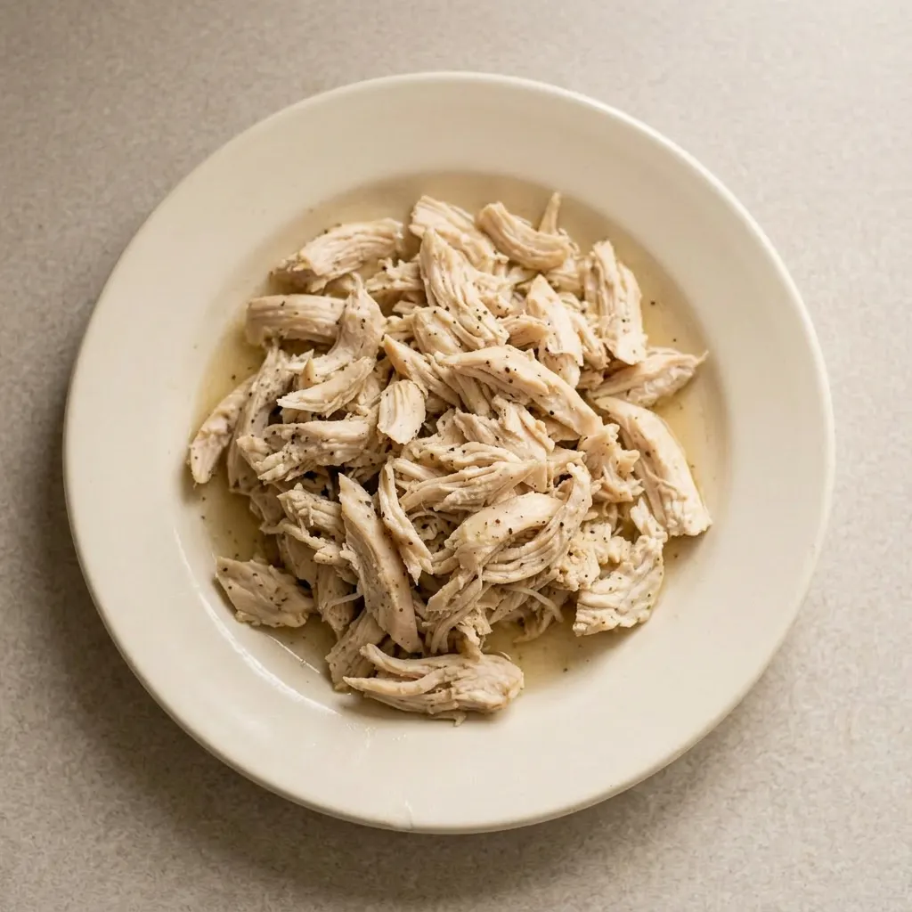 Plated shredded chicken breast topped with Italian seasoning and black pepper, sitting in a small amount of seasoned broth.