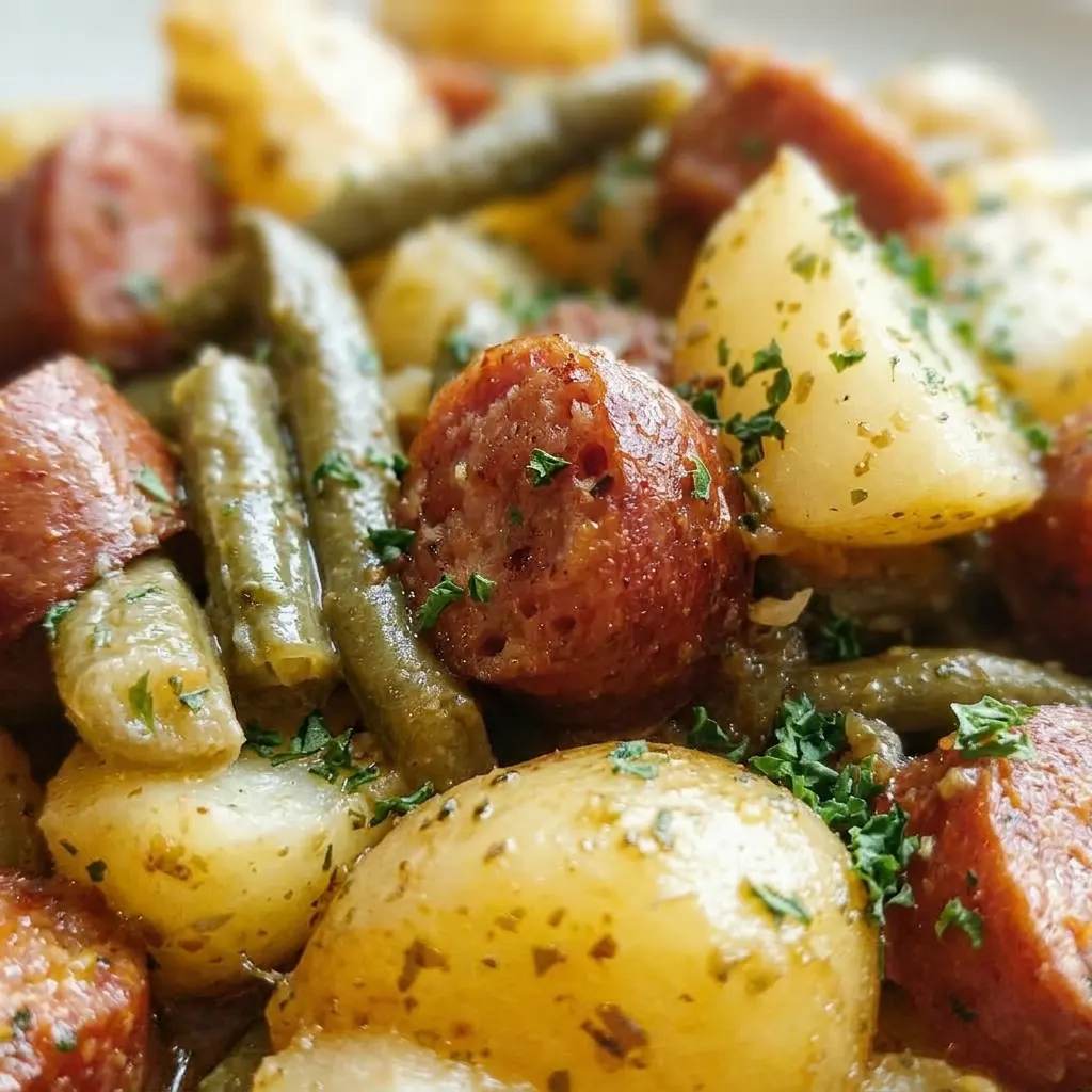 Zoomed in on a forkful of tender potato, sausage, and green beans glistening with melted butter and herbs.