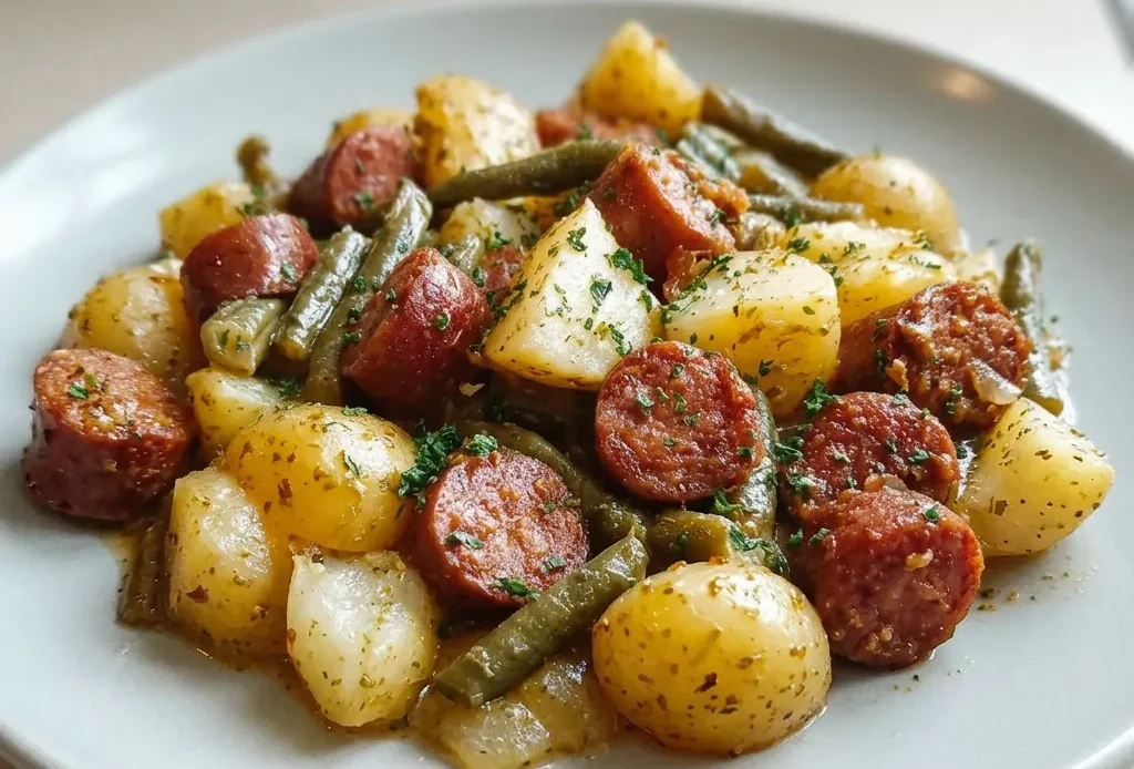 Bird's-eye view of yellow potato halves and smoked sausage slices with green beans, coated in buttery seasoning.