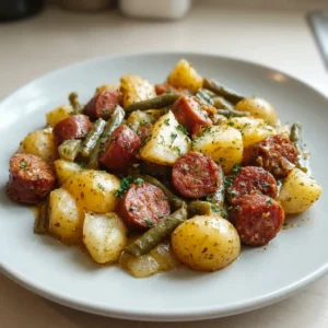 Bird's-eye view of yellow potato halves and smoked sausage slices with green beans, coated in buttery seasoning.