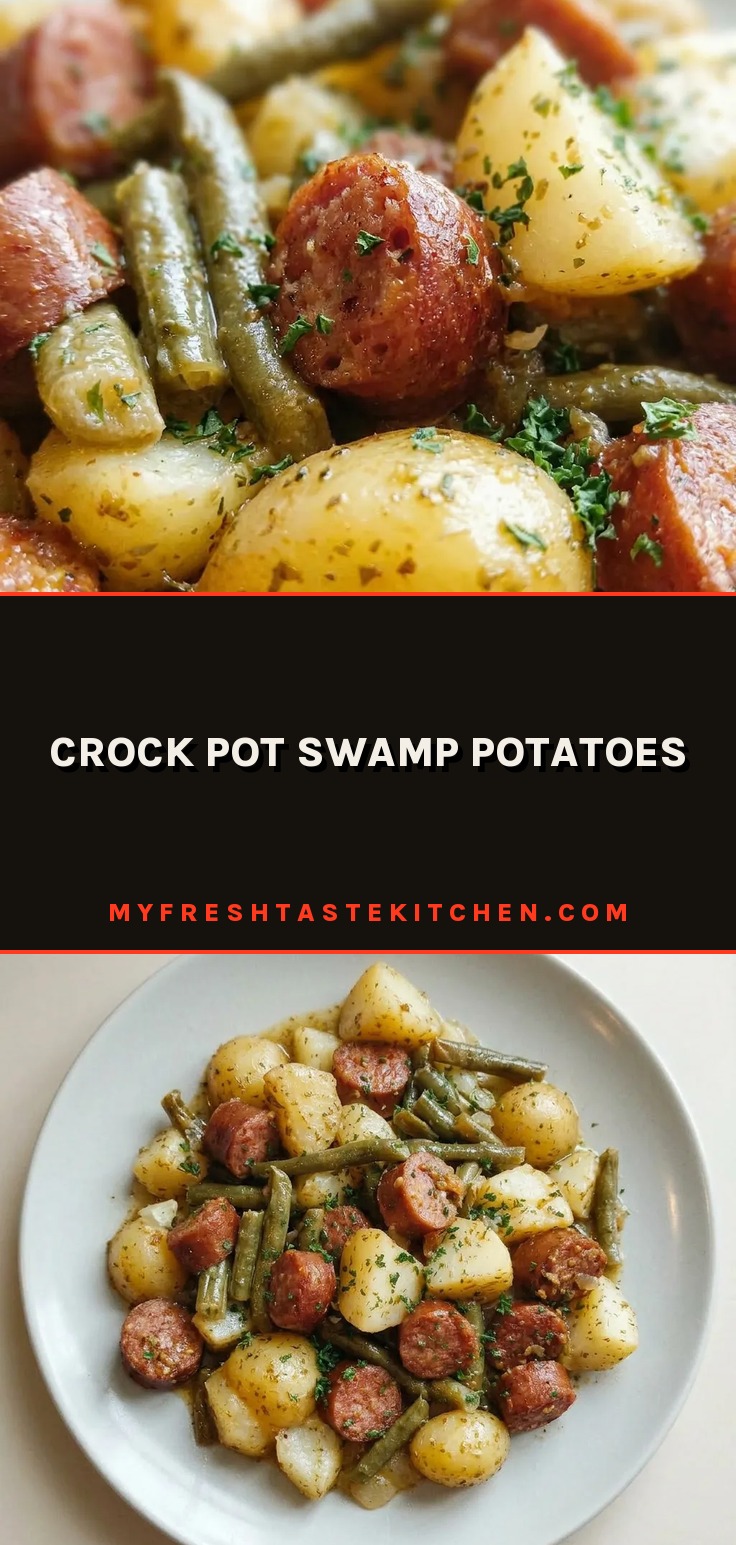 Bird's-eye view of yellow potato halves and smoked sausage slices with green beans, coated in buttery seasoning.