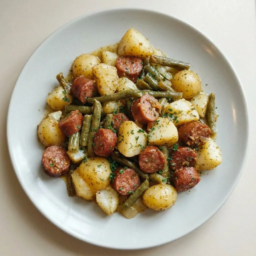 Ready to serve: yellow potatoes, smoked sausage, and green beans tossed in Italian dressing seasoning and butter.