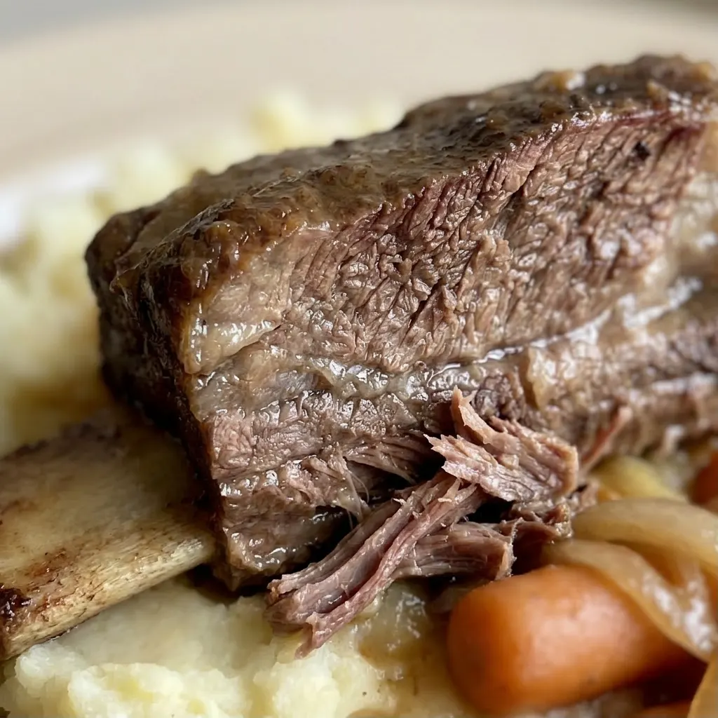Close view of a single short rib coated in rich red wine sauce, topped with thyme leaves.