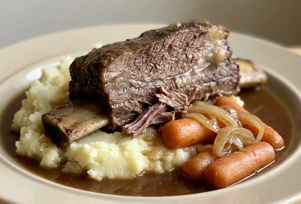 Overhead shot of three braised short ribs on a bed of carrots and onions, garnished with fresh parsley.