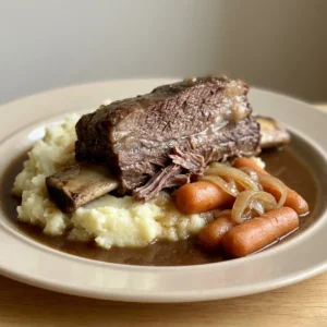 Overhead shot of three braised short ribs on a bed of carrots and onions, garnished with fresh parsley.