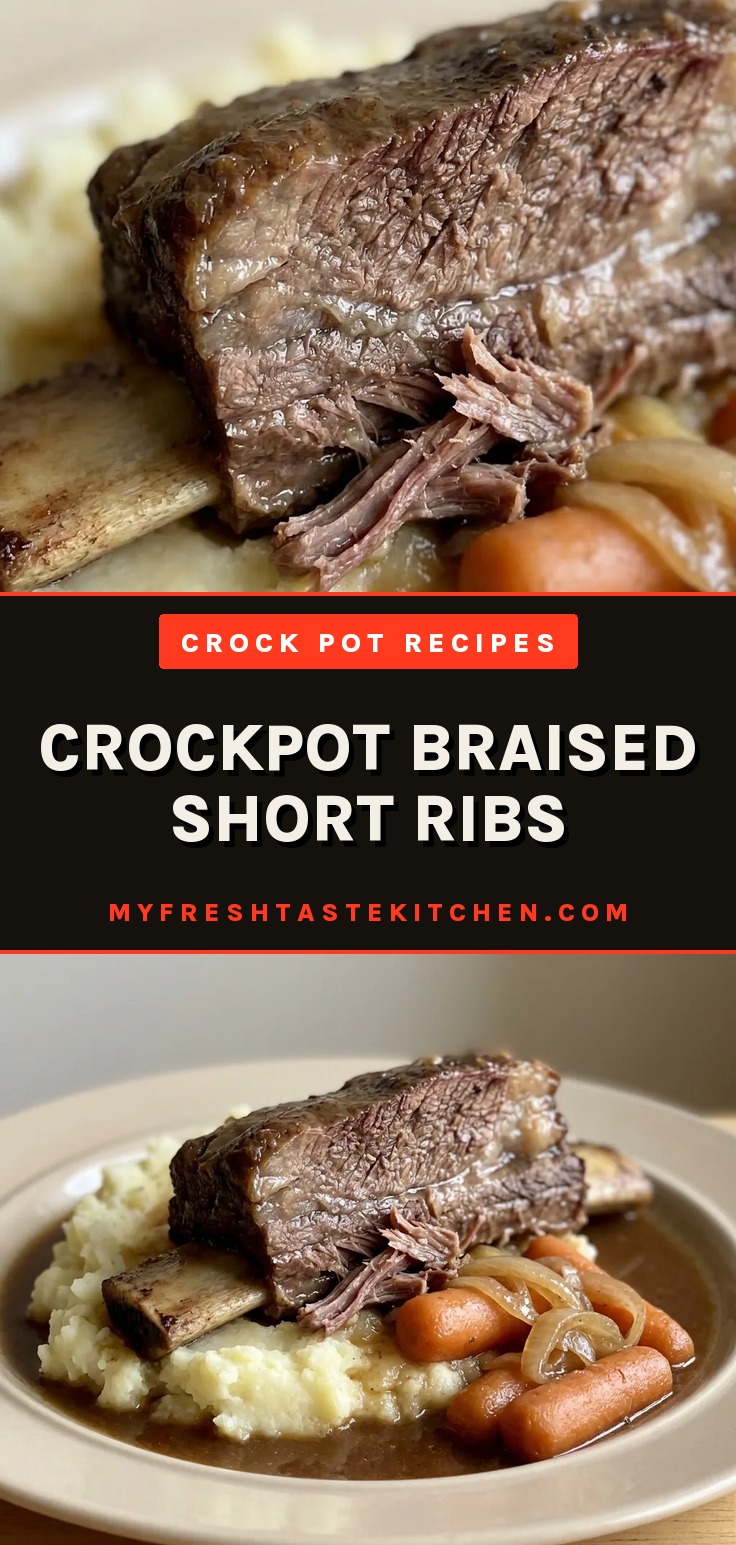 Overhead shot of three braised short ribs on a bed of carrots and onions, garnished with fresh parsley.