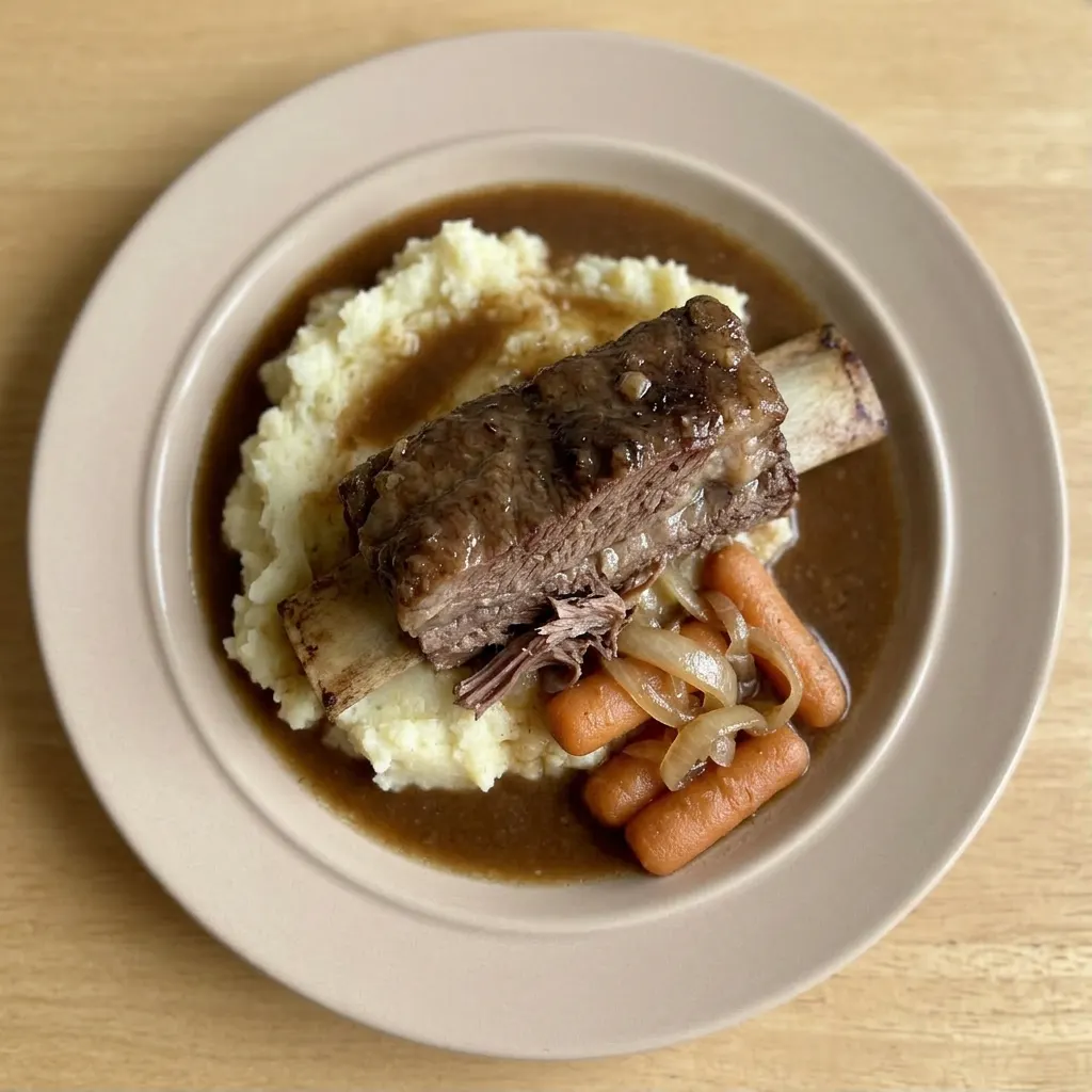 Plated short ribs with carrots and onions, drizzled with beef broth reduction and sprinkled with parsley.