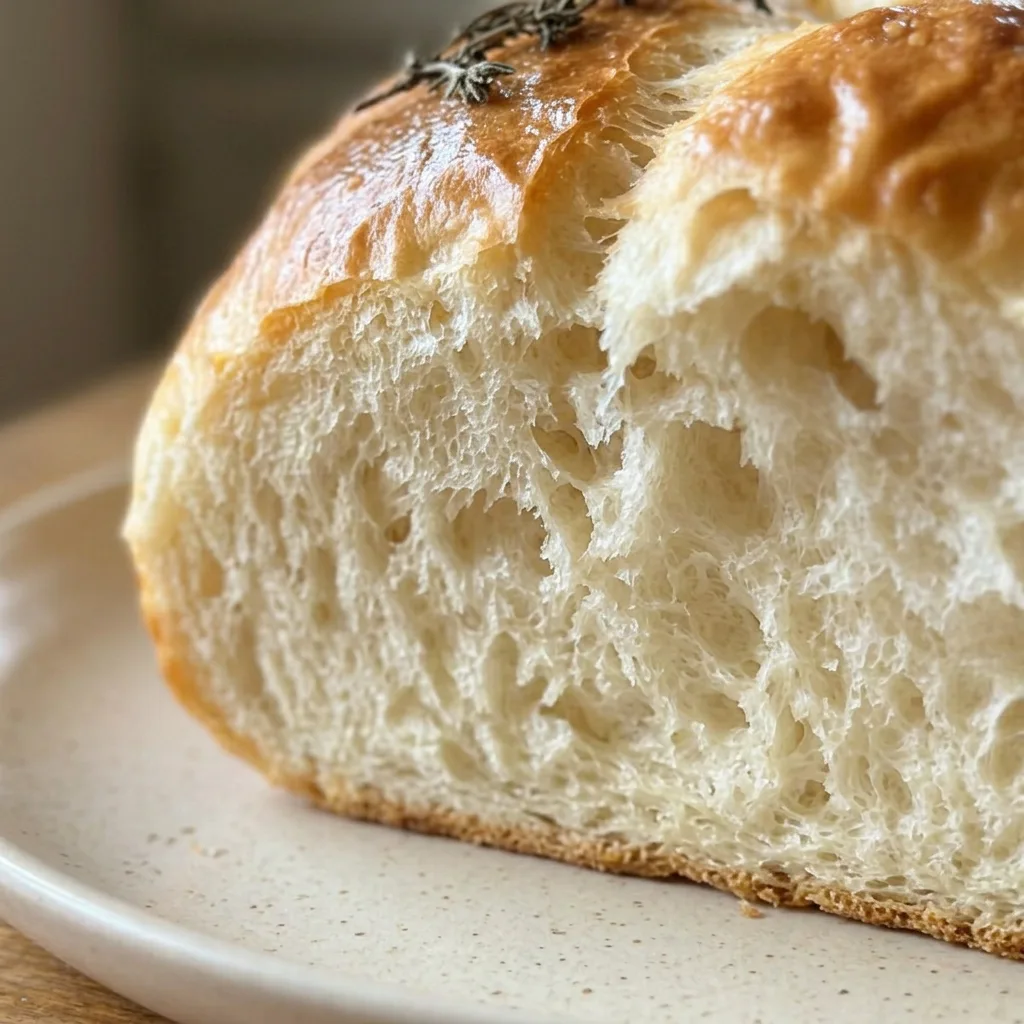Up close, a slice of bread with a soft crumb and a light dusting of flour on the crust.