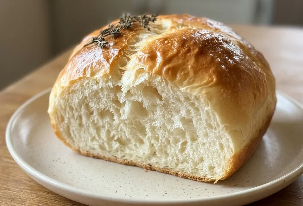 Looking down at a round loaf of bread with a golden brown crust, scored on top.