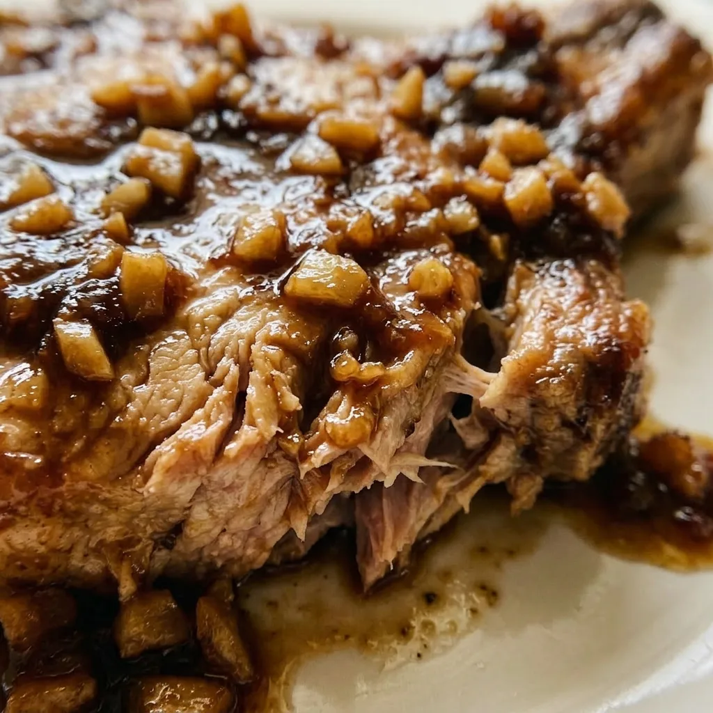 Zoomed in on a single pork chop coated in caramelized brown sugar and garlic, with soy sauce pooling around it.