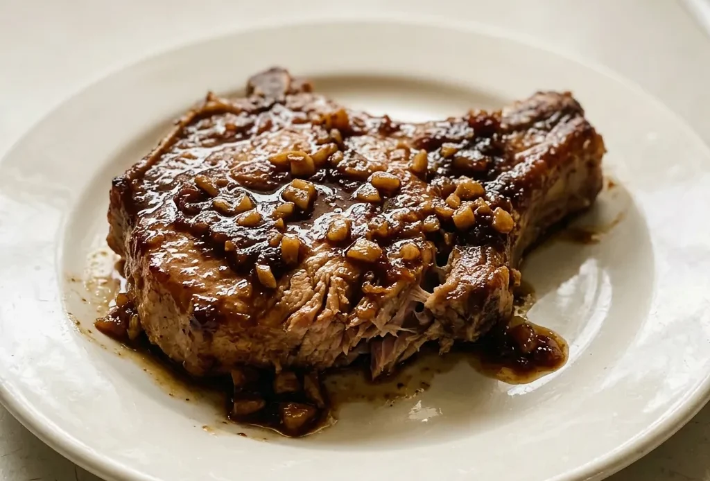 Bird's-eye view of three pork chops in a glossy brown sauce with garlic cloves and soy sauce streaks.