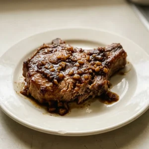 Bird's-eye view of three pork chops in a glossy brown sauce with garlic cloves and soy sauce streaks.