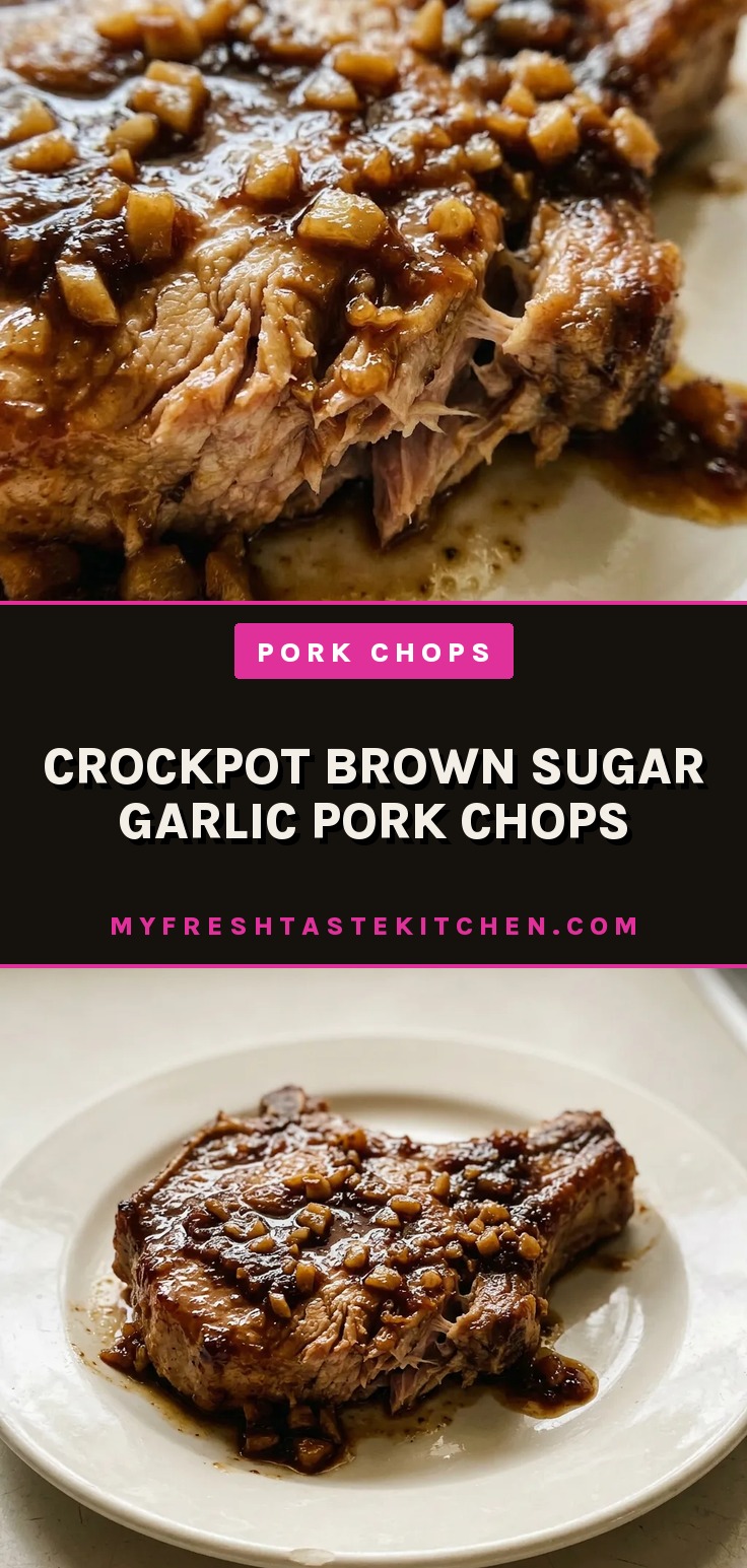 Bird's-eye view of three pork chops in a glossy brown sauce with garlic cloves and soy sauce streaks.