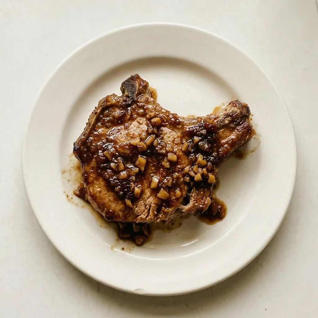 Ready to serve: pork chops glazed with brown sugar and garlic, garnished with extra garlic cloves and a drizzle of soy sauce.