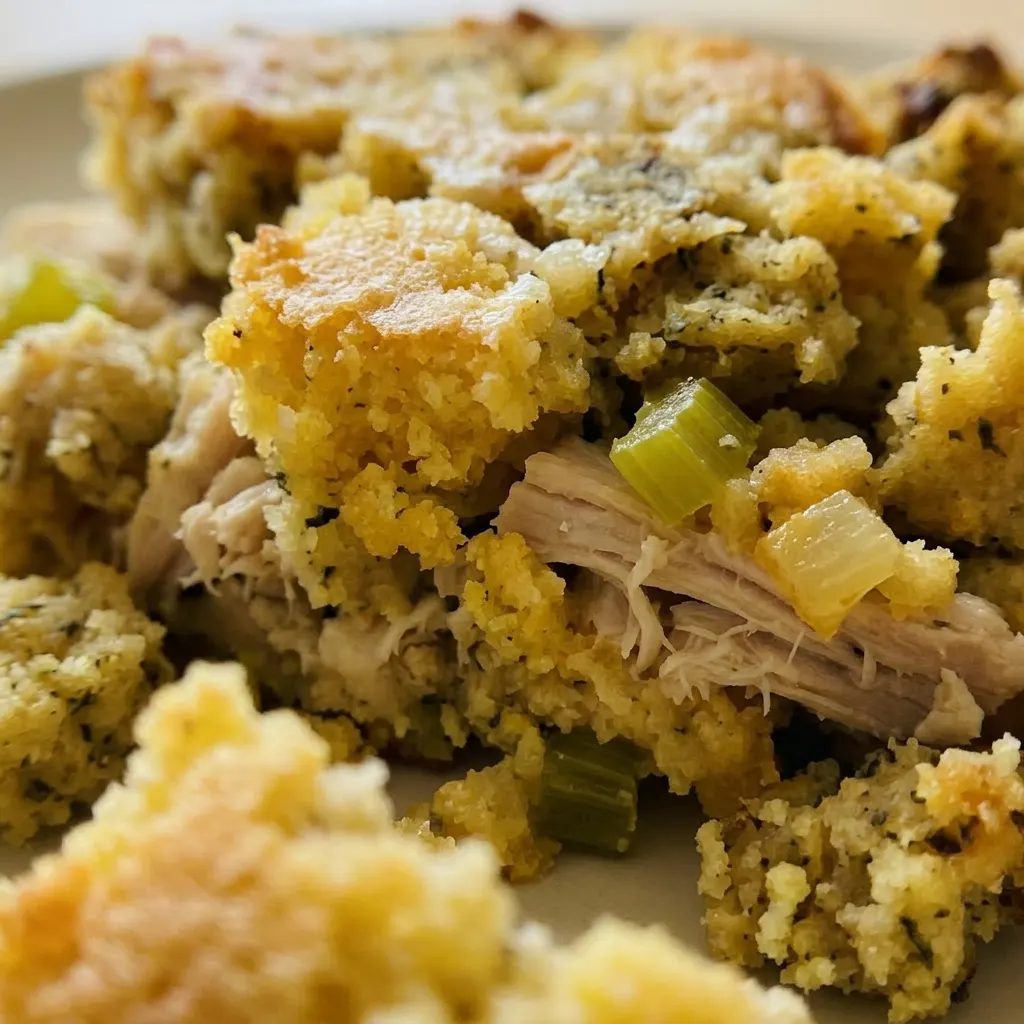Zoomed in on a forkful of shredded chicken and moist cornbread stuffing with visible cream sauce.