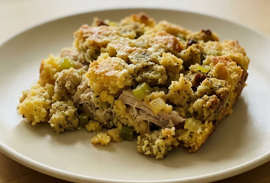 Bird's-eye view of a creamy chicken and cornbread dressing topped with celery and onion pieces.