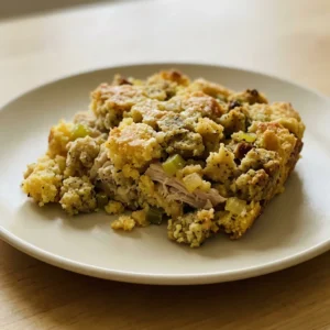 Bird's-eye view of a creamy chicken and cornbread dressing topped with celery and onion pieces.