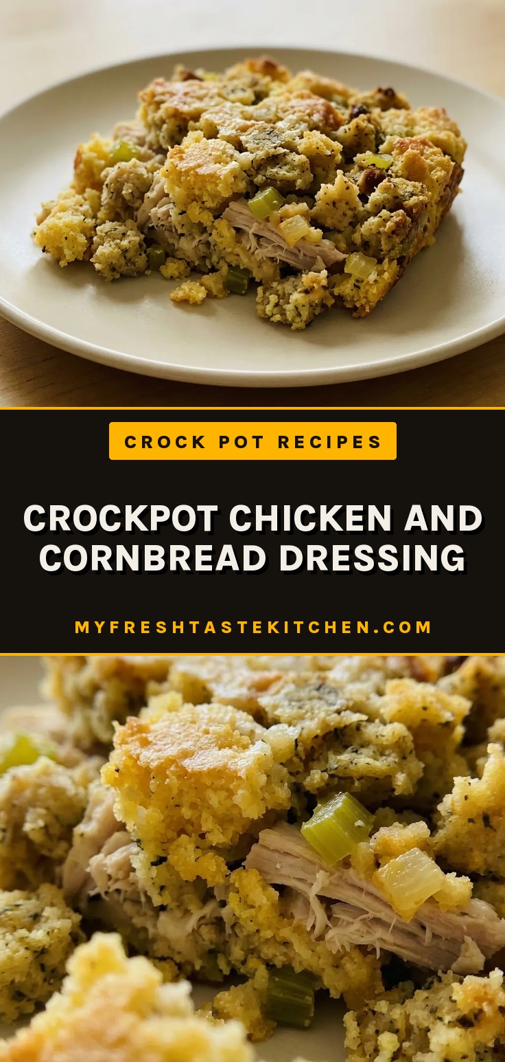 Bird's-eye view of a creamy chicken and cornbread dressing topped with celery and onion pieces.