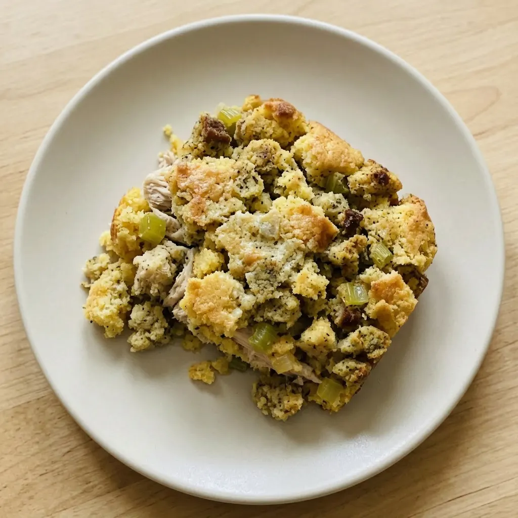 Ready to serve: a scoop of chicken and cornbread dressing with celery and onion bits on top.
