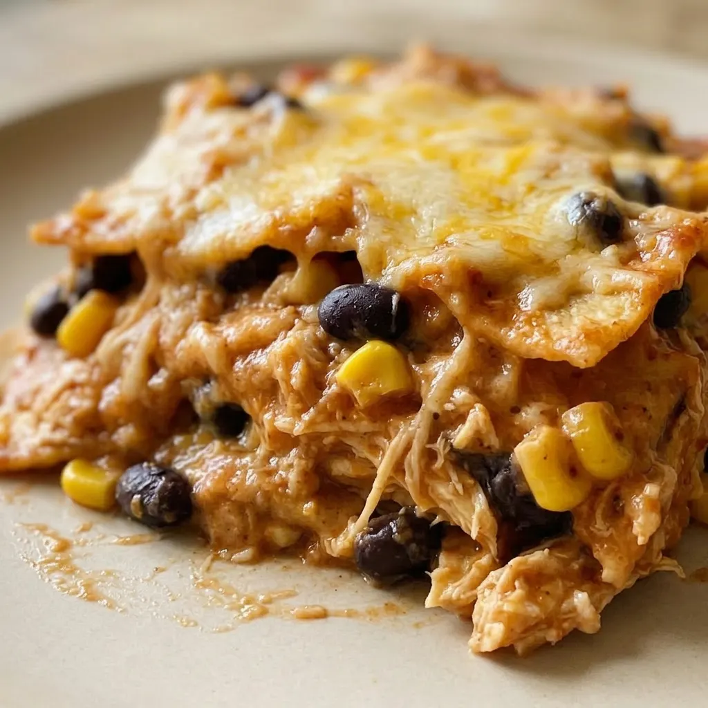 Up close, a fork lifts a bite of chicken enchilada casserole with creamy cheese, corn, and black beans visible.
