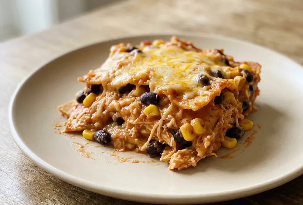Looking down at a casserole with shredded chicken, black beans, corn, and green chiles in red sauce, topped with melted cheese.