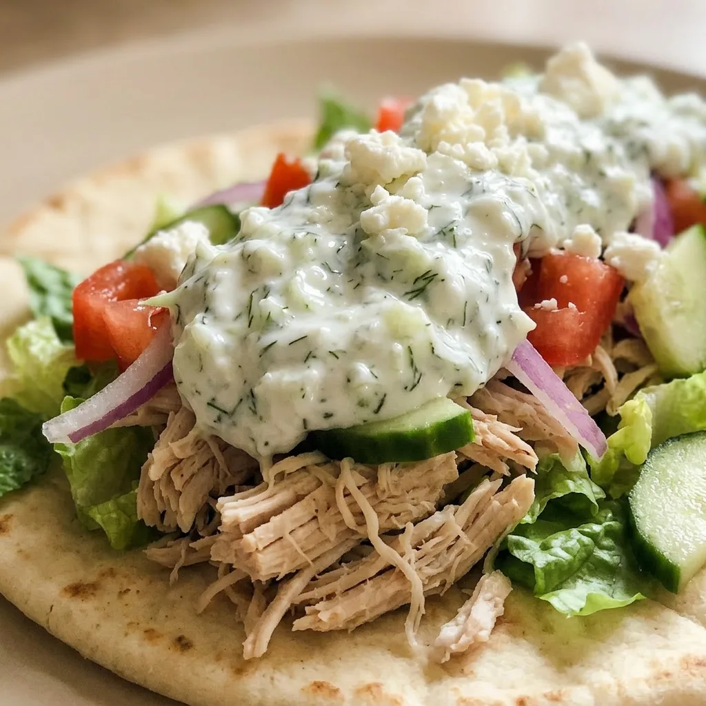 Zoomed in on a pita with grilled chicken, creamy tzatziki, crumbled feta, and fresh vegetables.