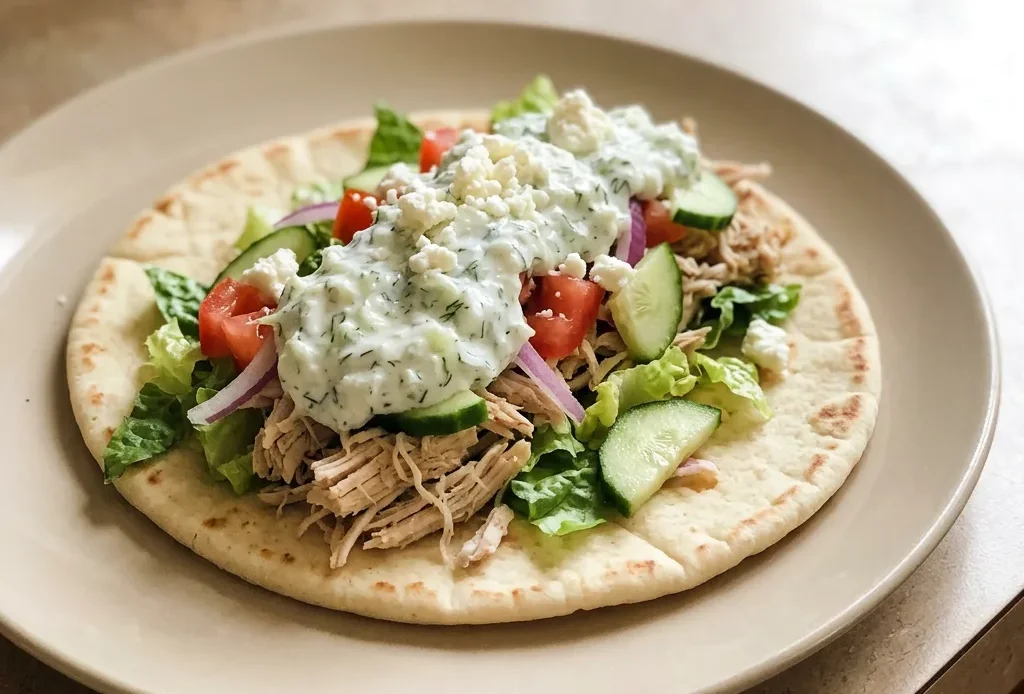 Bird's-eye view of a pita topped with chicken, tzatziki, feta, cucumber, tomato, red onion, and lettuce.