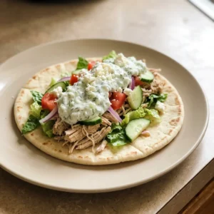 Bird's-eye view of a pita topped with chicken, tzatziki, feta, cucumber, tomato, red onion, and lettuce.