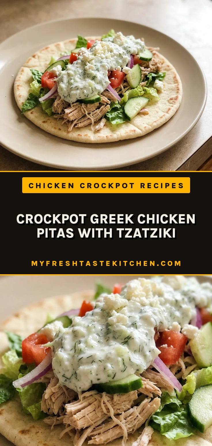 Bird's-eye view of a pita topped with chicken, tzatziki, feta, cucumber, tomato, red onion, and lettuce.