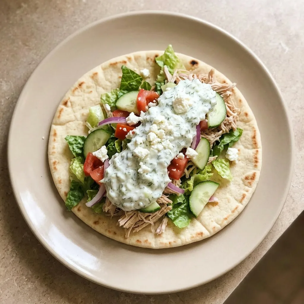 Ready to serve: a pita filled with chicken, tzatziki, feta, cucumber, tomato, red onion, and lettuce.