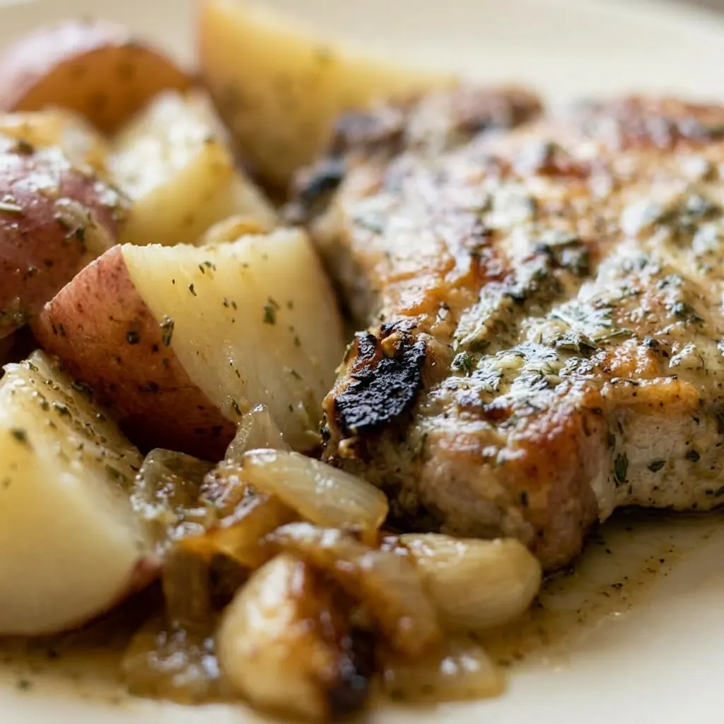 Up close, a pork chop with browned edges and a red potato wedge, both glistening with butter and speckled with ranch seasoning.