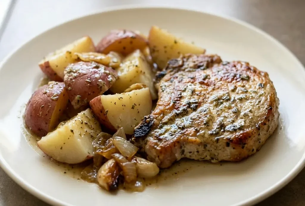 Looking down at three pork chops and red potato wedges arranged in a single layer, coated with ranch seasoning and butter.