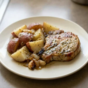 Looking down at three pork chops and red potato wedges arranged in a single layer, coated with ranch seasoning and butter.