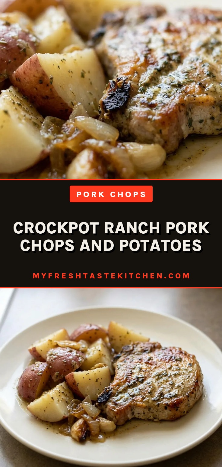 Looking down at three pork chops and red potato wedges arranged in a single layer, coated with ranch seasoning and butter.