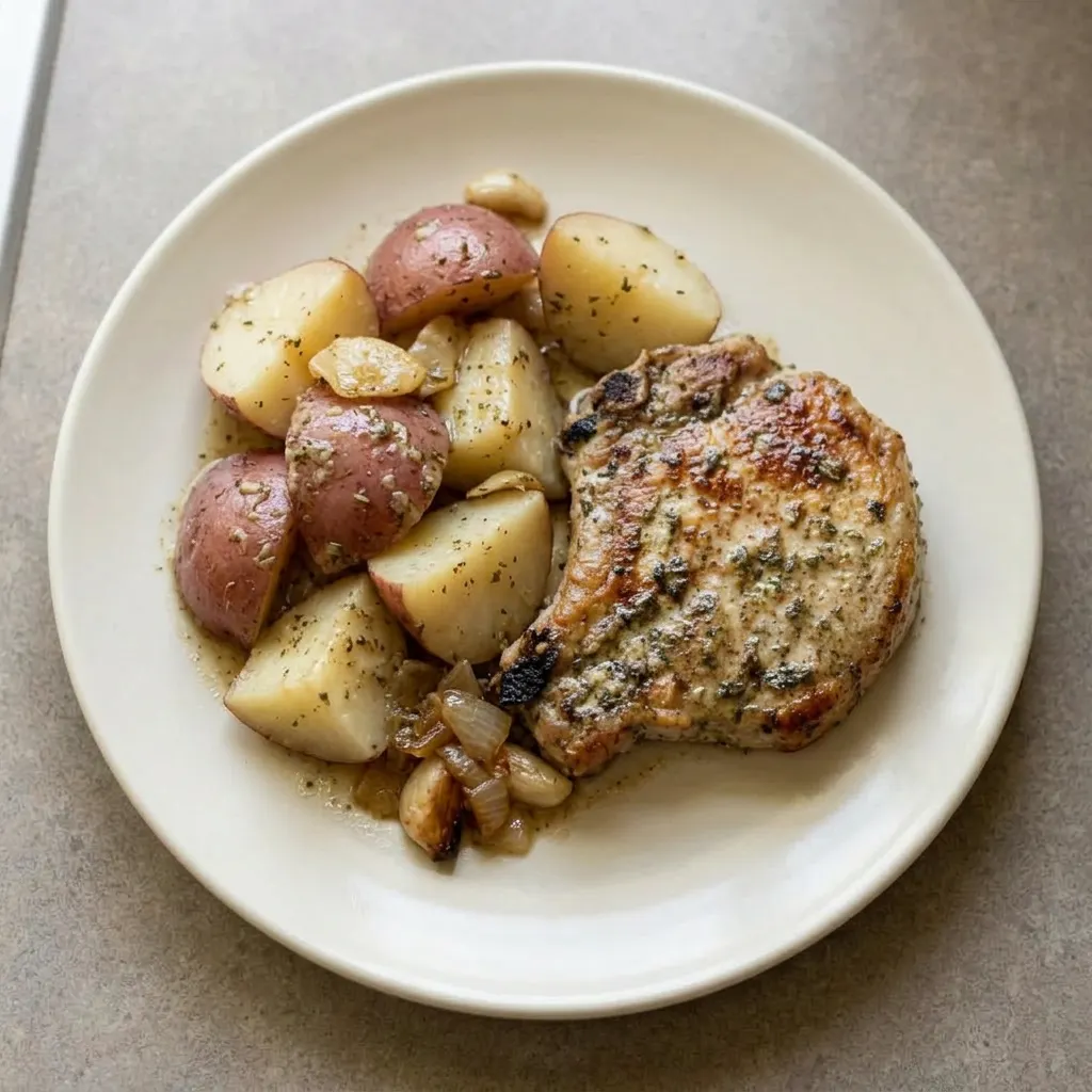 A plate of two pork chops and several red potato wedges, seasoned with ranch mix and drizzled with butter.