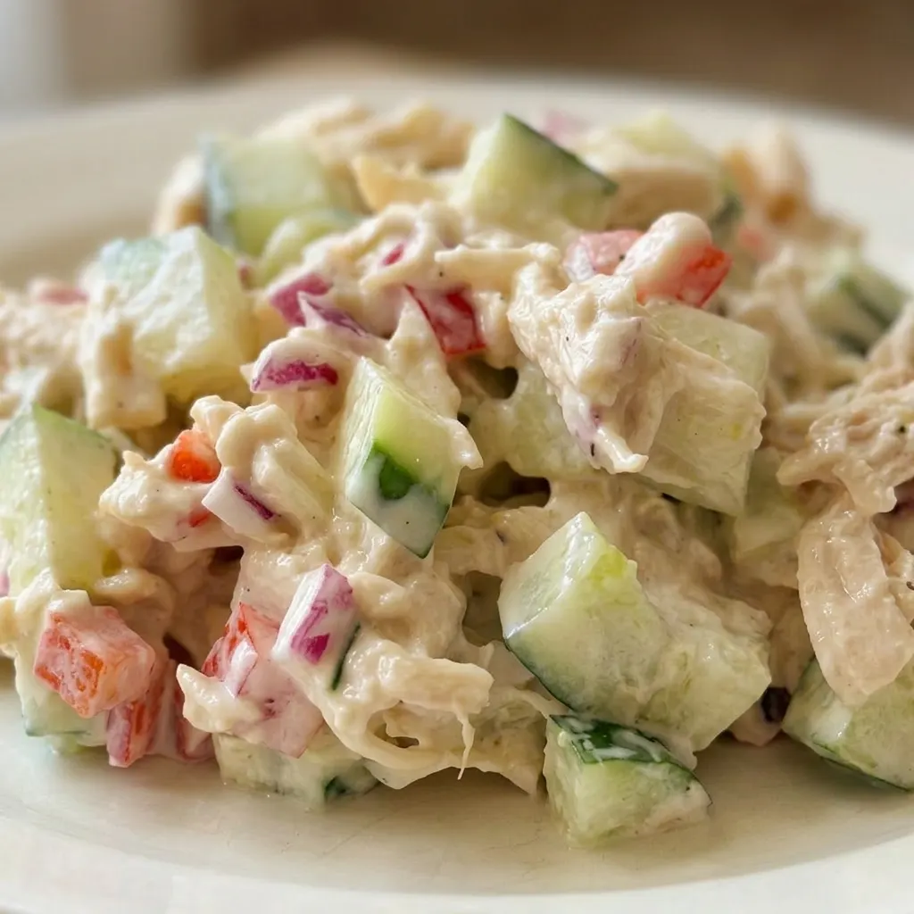 Up close, a forkful of chicken, cucumber, red bell pepper, and red onion coated in mayonnaise.