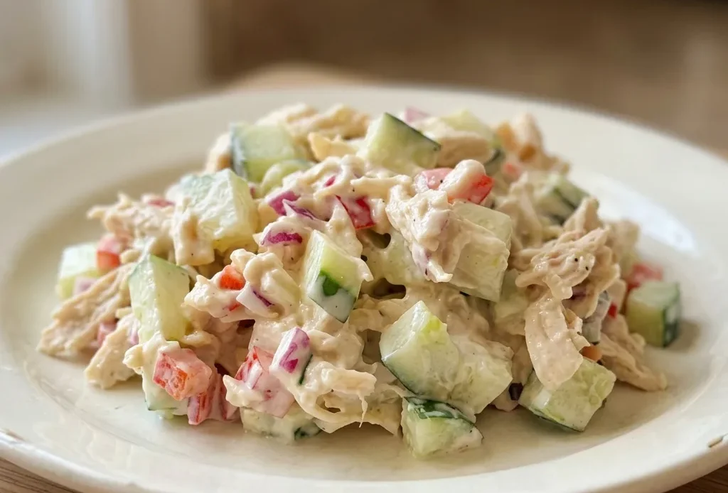 Looking down at a circular dish of cucumber chicken salad, with chunks of chicken, cucumber, red bell pepper, and red onion in creamy mayonnaise.