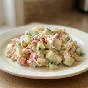 Looking down at a circular dish of cucumber chicken salad, with chunks of chicken, cucumber, red bell pepper, and red onion in creamy mayonnaise.
