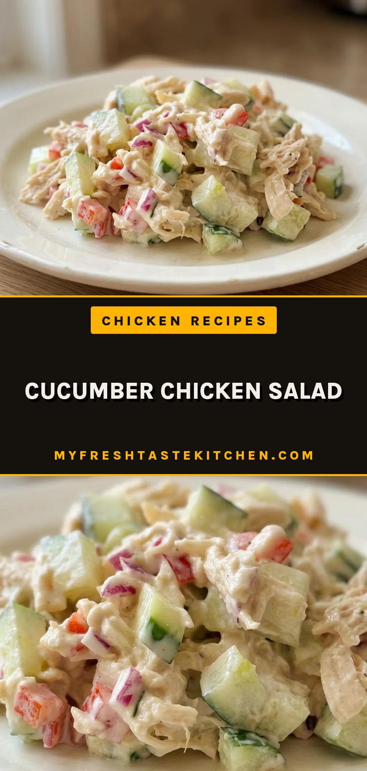 Looking down at a circular dish of cucumber chicken salad, with chunks of chicken, cucumber, red bell pepper, and red onion in creamy mayonnaise.