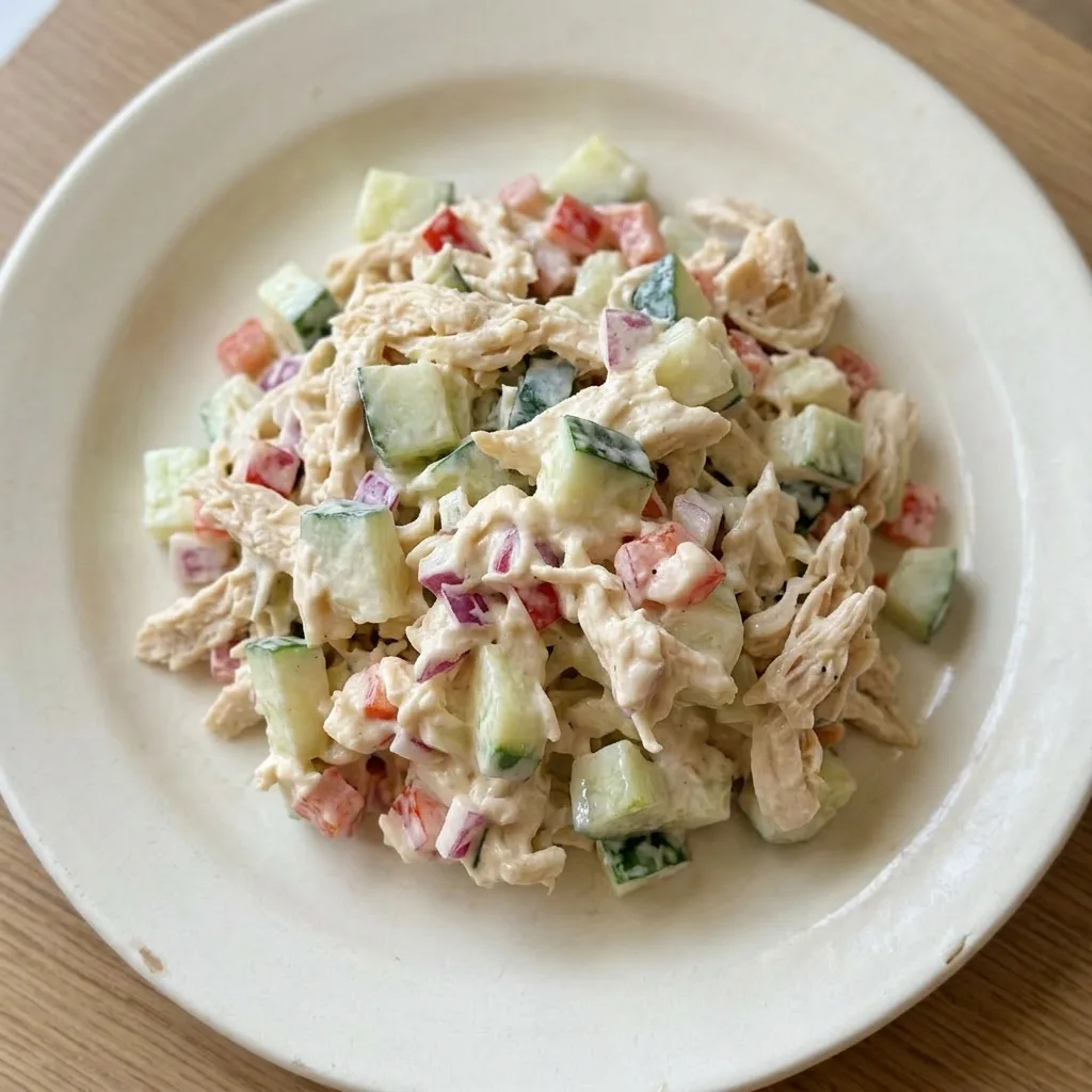 A plate of cucumber chicken salad, featuring chicken, cucumber, red bell pepper, and red onion mixed with mayonnaise.