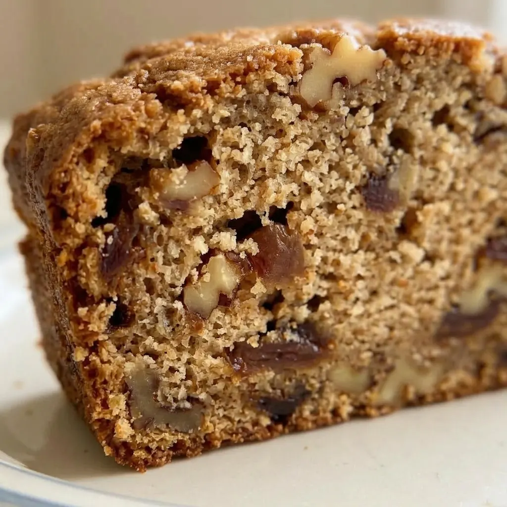 Up close, a slice of date nut bread with a crumbly texture, studded with walnuts and dates, and a glossy butter pat.