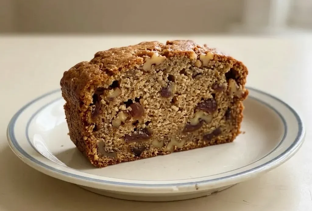 Looking down at a slice of date nut bread with visible walnut pieces and date chunks, topped with a pat of butter.