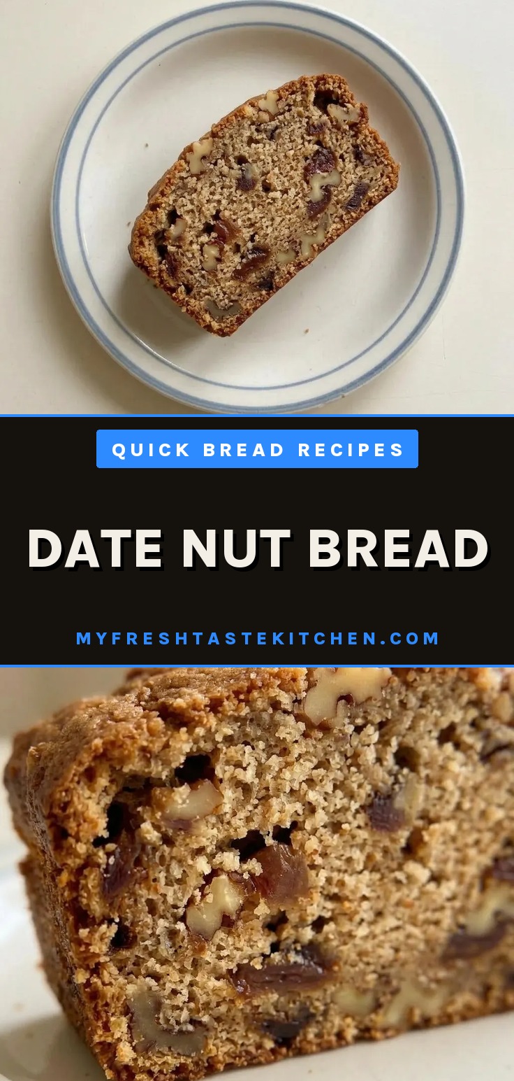 Looking down at a slice of date nut bread with visible walnut pieces and date chunks, topped with a pat of butter.