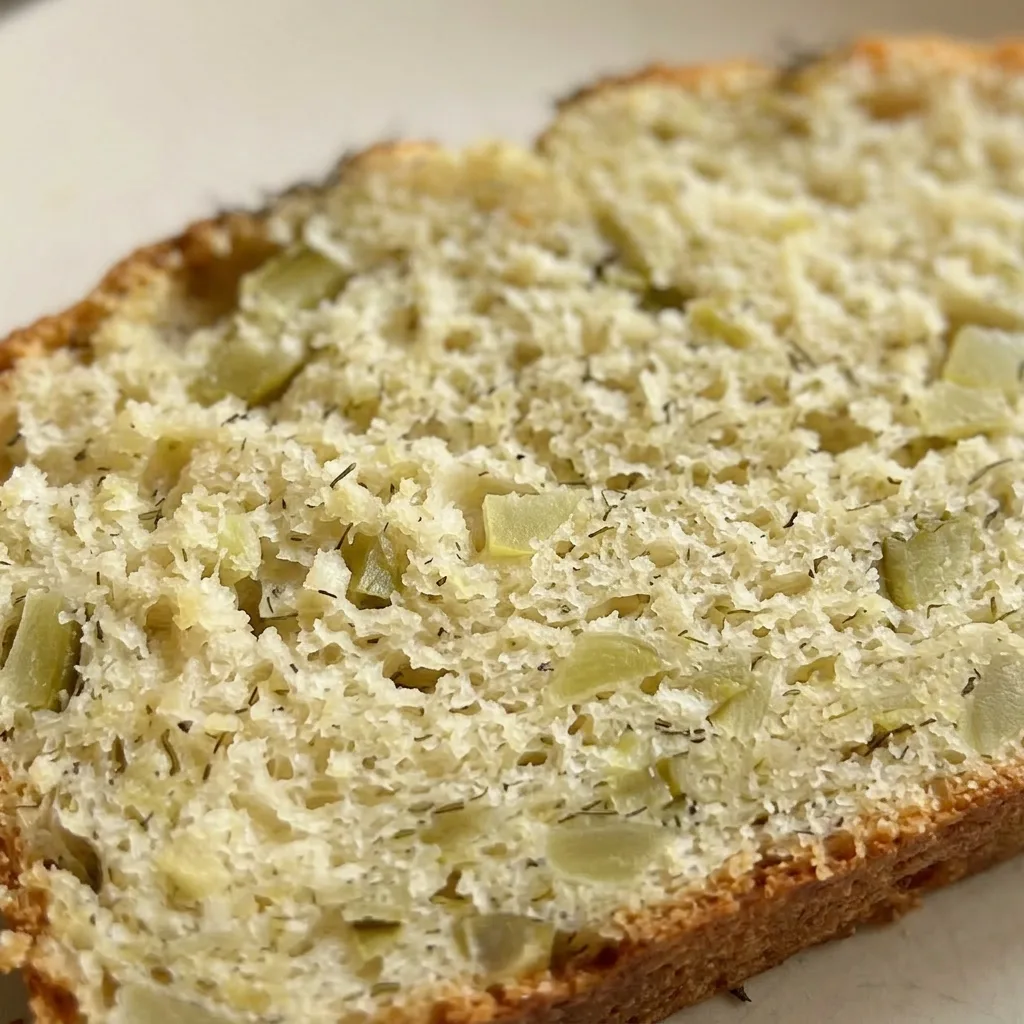 Up close, a slice of bread reveals a crumb studded with green pickle bits and speckled with dill.