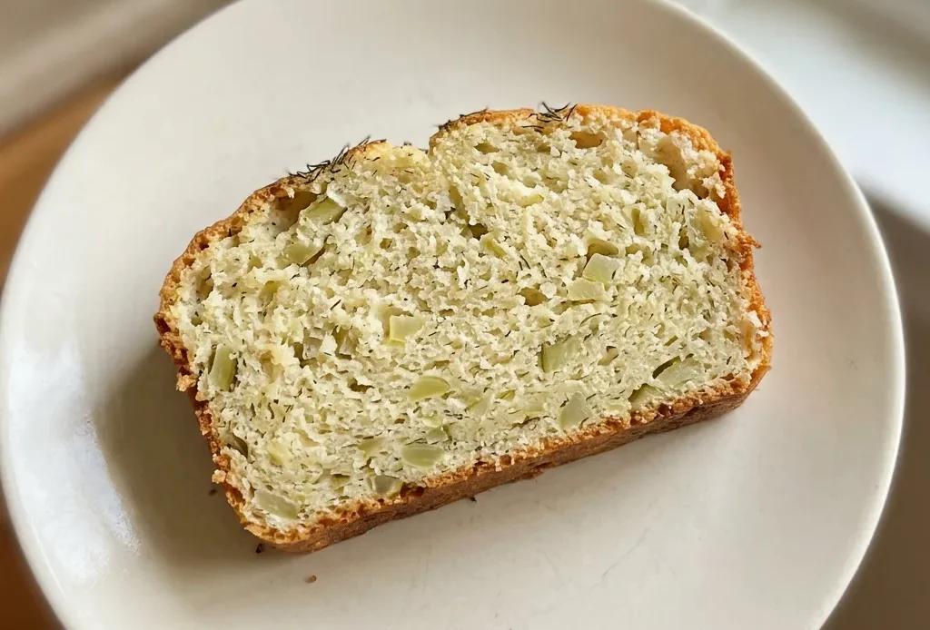 Looking down at a round loaf of bread topped with sliced dill pickles and sprinkled with dried dill weed.