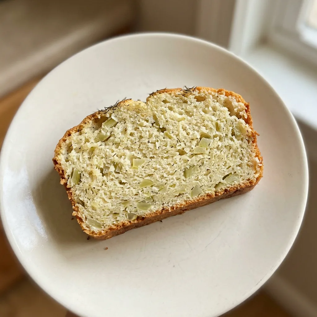 Looking down at a round loaf of bread topped with sliced dill pickles and sprinkled with dried dill weed.