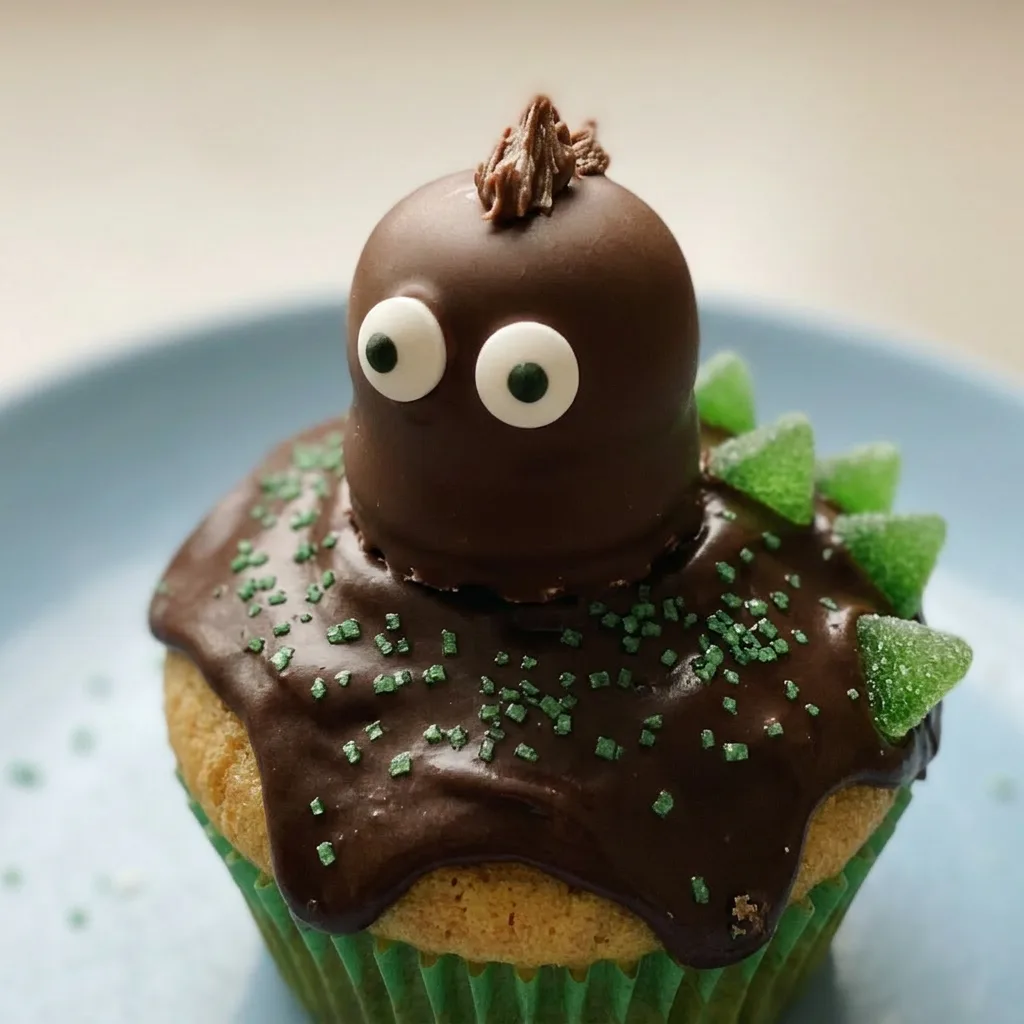 Close view of a muffin with glossy dark glaze, white icing details, two marshmallow kisses, green gum strips, and sugar eyes.