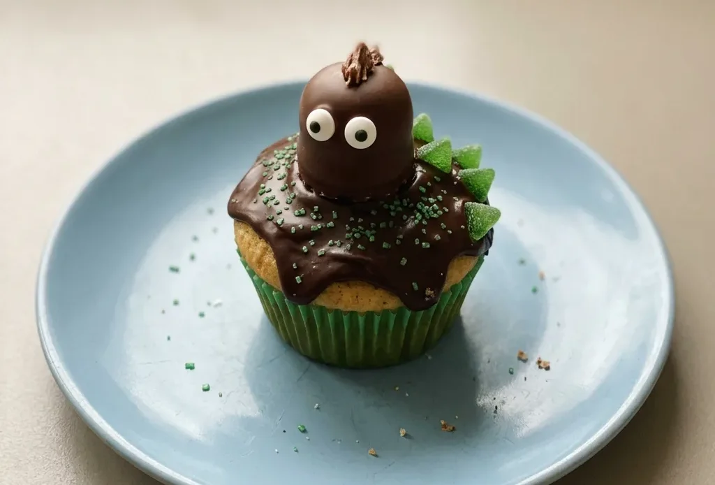Overhead shot of a muffin topped with dark glaze, white icing zigzag, marshmallow kisses, green gum strips, and sugar eyes.