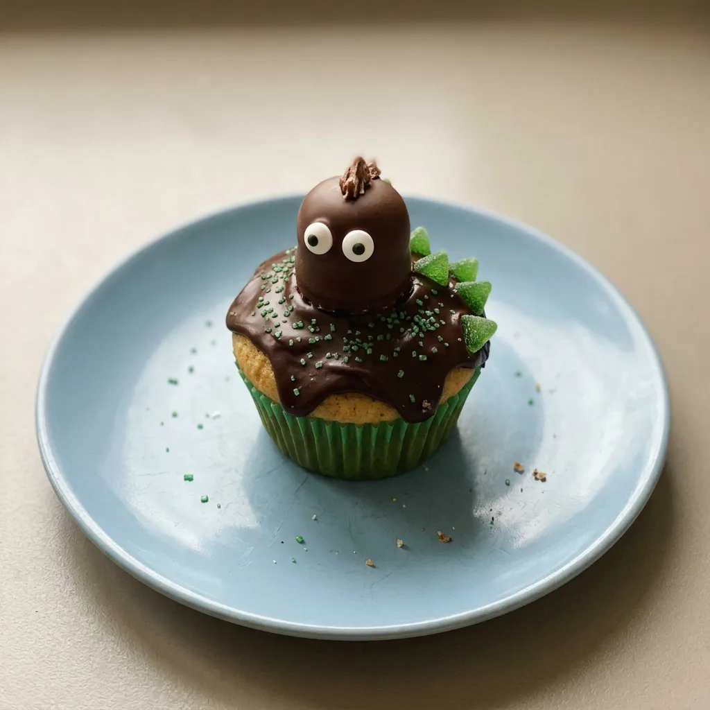 Overhead shot of a muffin topped with dark glaze, white icing zigzag, marshmallow kisses, green gum strips, and sugar eyes.